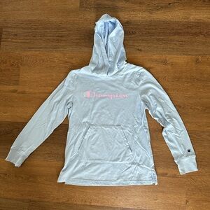 Champion NWOT Girls XL Sky Blue Hooded T Shirt with Pink Logo